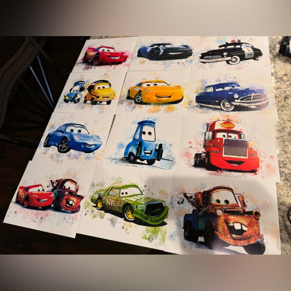 Watercolor Disney Cars Vibrant Character Prints Set of 12